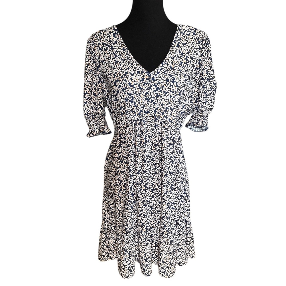 Luxology Navy and Pink Ditsy Floral Mini Dress w/Ruffle Hem, Size Medium